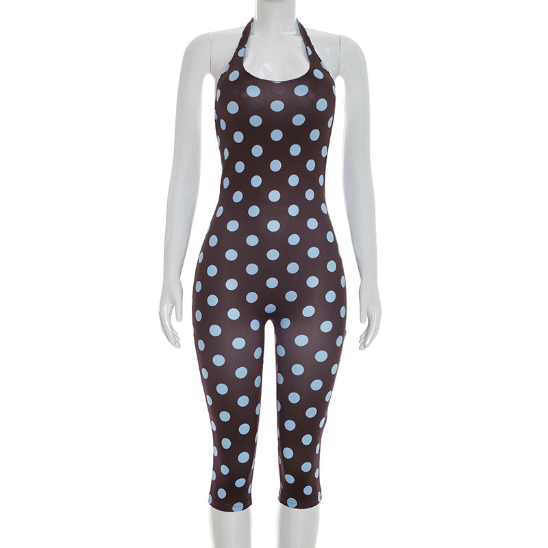 J26jp088 European and American Style Cross-Border Women's Clothing Spring and Summer Halter Strap Backless Polka Dot Hip-Wrapped Stretch Cropped Jumpsuit