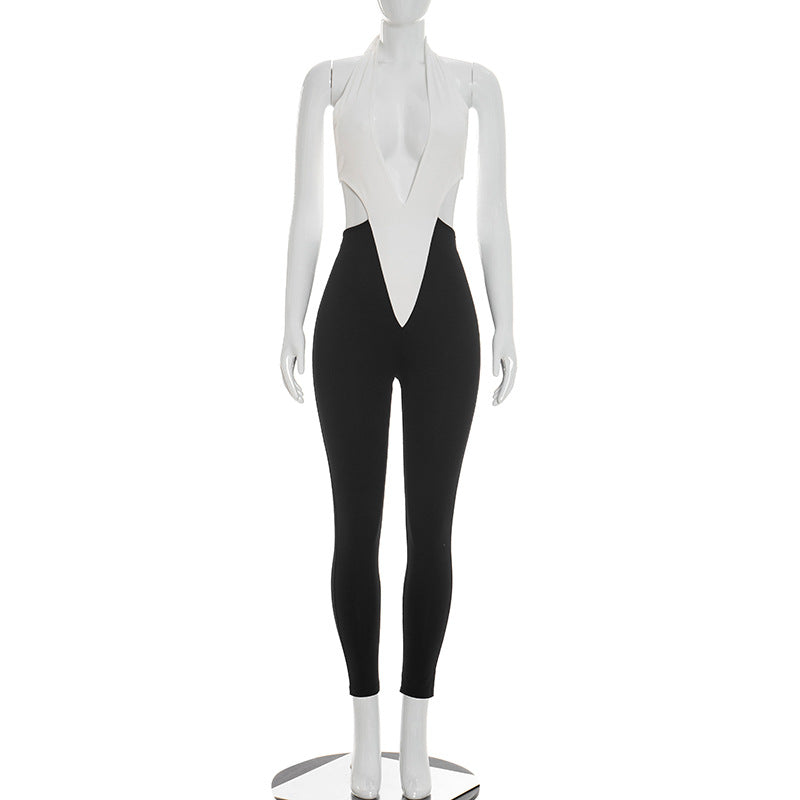 J26jp099 European and American Style Cross-Border Women's Clothing Spring and Summer Halter Strap Hollow Contrast Color Waist-Exposed Elastic Cropped Jumpsuit