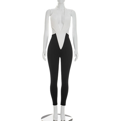 J26jp099 European and American Style Cross-Border Women's Clothing Spring and Summer Halter Strap Hollow Contrast Color Waist-Exposed Elastic Cropped Jumpsuit