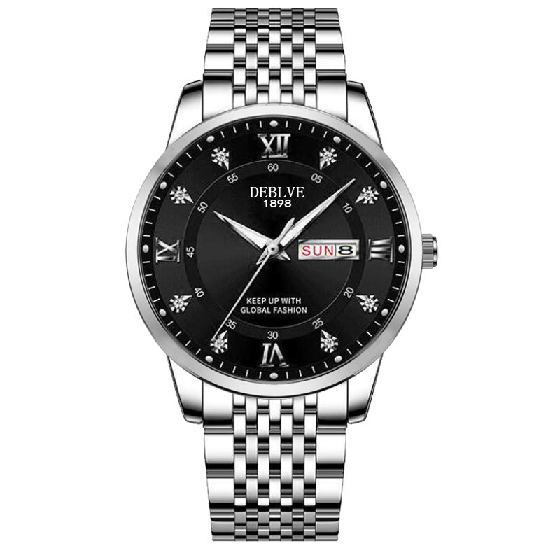 Men's solid band Double calendar Chinese and English luminous waterproof fashion fashion watch non-mechanical scanning needle watch