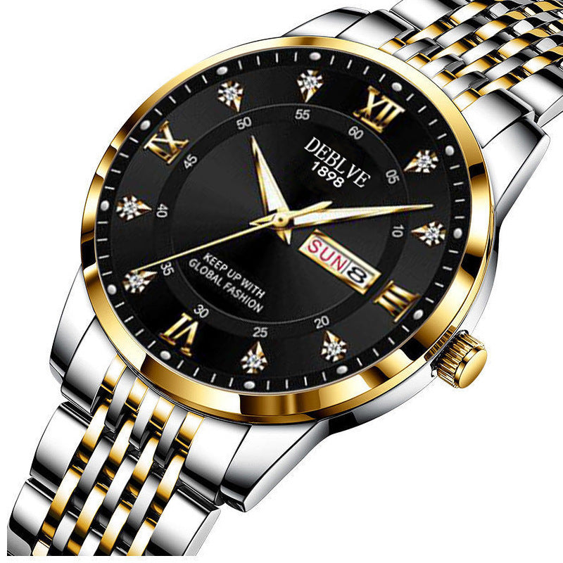 Men's solid band Double calendar Chinese and English luminous waterproof fashion fashion watch non-mechanical scanning needle watch