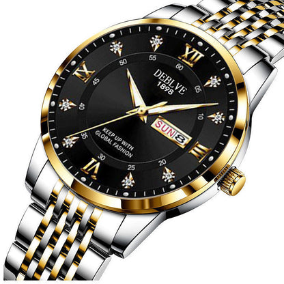 Men's solid band Double calendar Chinese and English luminous waterproof fashion fashion watch non-mechanical scanning needle watch