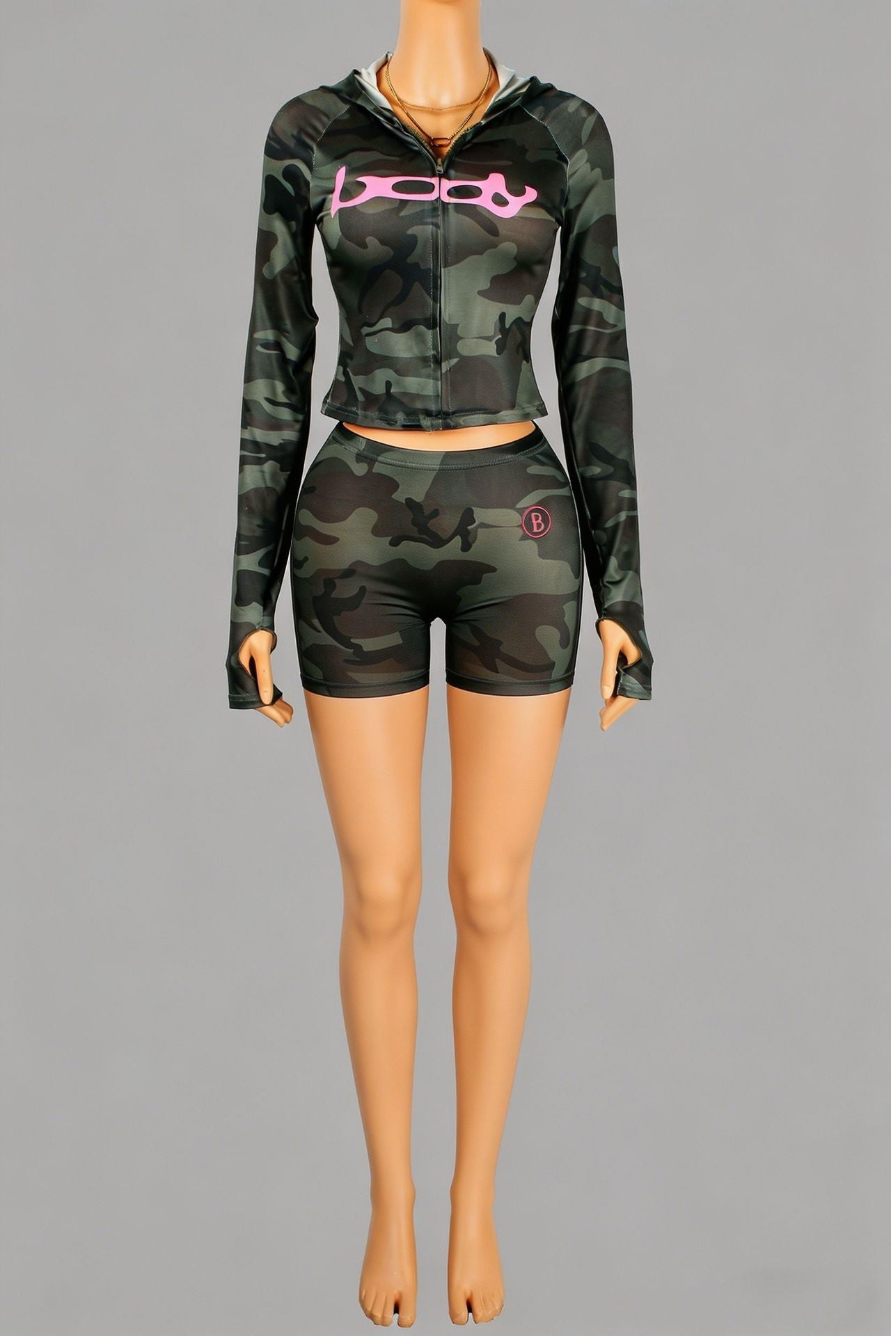 New Ins Trendy Printed Sports Style Elastic Zipper Hooded Jacket Top Shorts Suit Two-Piece Women's Clothing