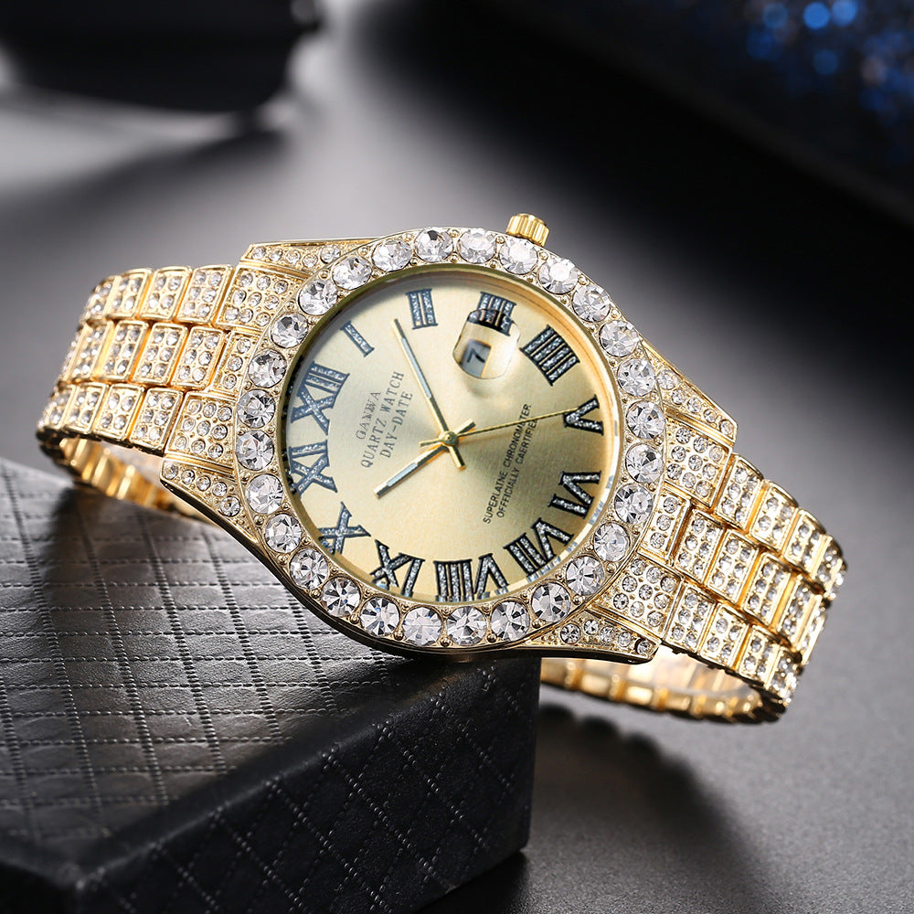 Internet Celebrity Watch Men's High-End Full Diamond Cross-Border Steel Band Fashion Rhinestone Calendar Quartz Watch Starry Men's Watch