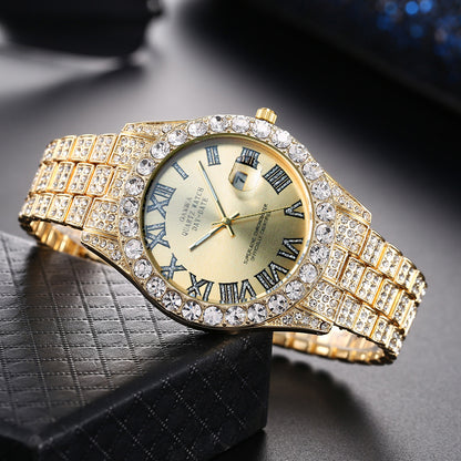 Internet Celebrity Watch Men's High-End Full Diamond Cross-Border Steel Band Fashion Rhinestone Calendar Quartz Watch Starry Men's Watch