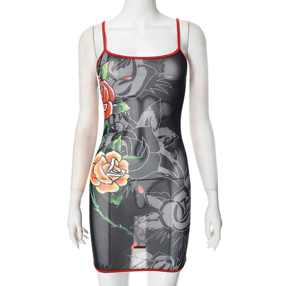 K25DS023 European and American style cross-border women's spring and summer condole belt round neck flower mesh perspective printed hip bag dress