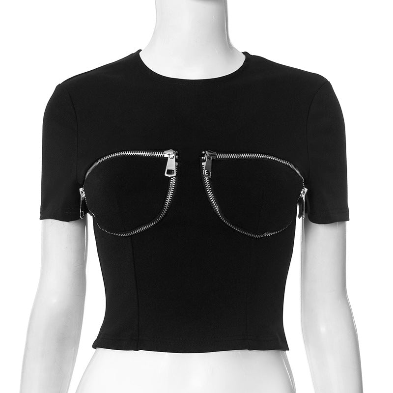 K25TP019 European and American Cross-border Women's Spring and Summer Round Neck Pullover Fake Zipper Design Slim-Fit Short Exp Waist Top T-shirt