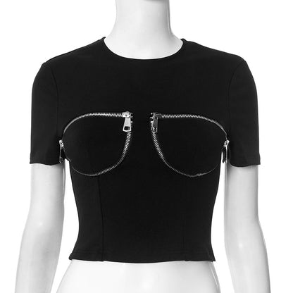 K25TP019 European and American Cross-border Women's Spring and Summer Round Neck Pullover Fake Zipper Design Slim-Fit Short Exp Waist Top T-shirt