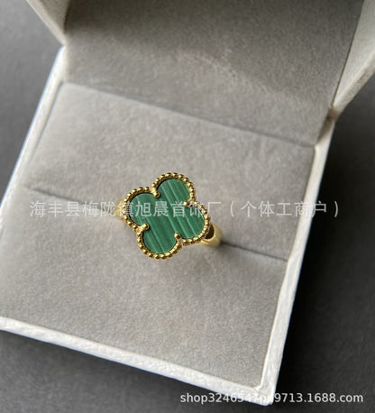 Fanjia Ins High-Version Four-Leaf Clover with Diamond Christmas Lucky Four-Leaf Clover Ring White Fritillary Peacock Green Manufacturers Send on Behalf.