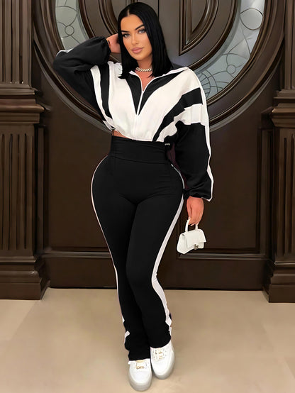 P391403 Contrast Color Stitching Sports Suit Women's Fashion Large Size Casual Pants + Cardigan Jacket Two-Piece Set