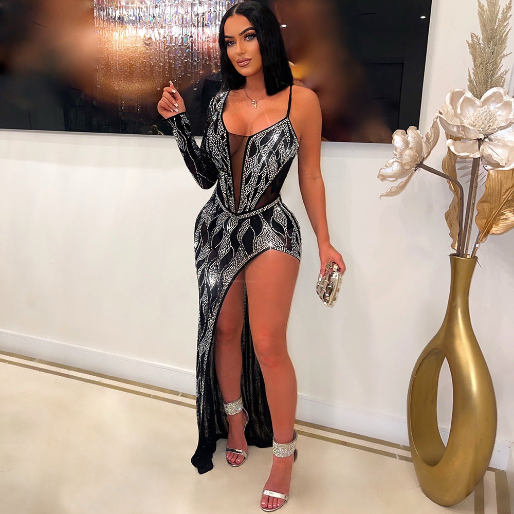 S390434 Cross-Border Amazon Ebay Women's Sexy See-Through Hot Diamond Long-Sleeved Dress Women's Nightclub Evening Dress