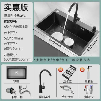 Black 304 Stainless Steel Sink 3mm Thickeneded Kitchen Sink Large Single Tank Household Above Counter Basin under Counter Dishwashing Basin