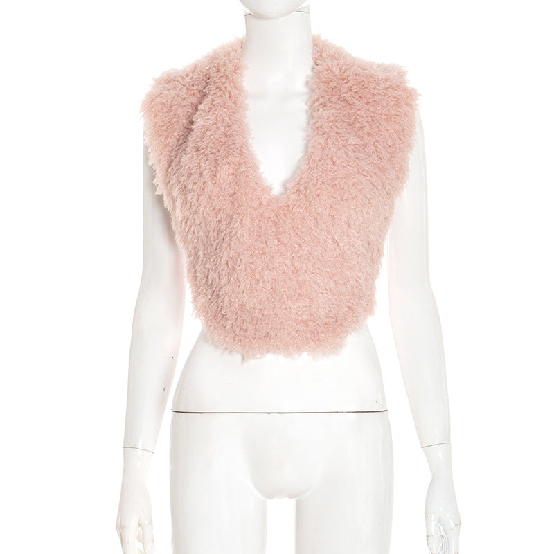 J25Tp283 European and American Cross-Border Women's Clothing Autumn and Winter Solid Color Furry Halter V-Neck Sexy Sleeveless Backless Tie-Up Top