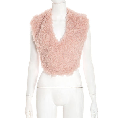 J25Tp283 European and American Cross-Border Women's Clothing Autumn and Winter Solid Color Furry Halter V-Neck Sexy Sleeveless Backless Tie-Up Top