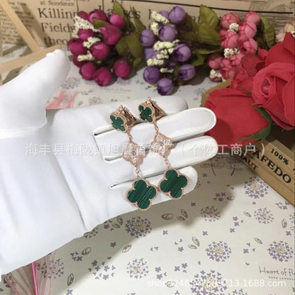 2024 New Four-Leaf Clover Three-Flower Plated 18K Gold Black Agate Red Chalcedony Long Earrings for Women Ins Earrings Anti-Over