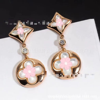 High Version White Mother-Of-Pearl Rhombus Double Flower Earrings for Women Cnc Precision Four-Leaf Clover Rose Gold Manufacturer Wholesale