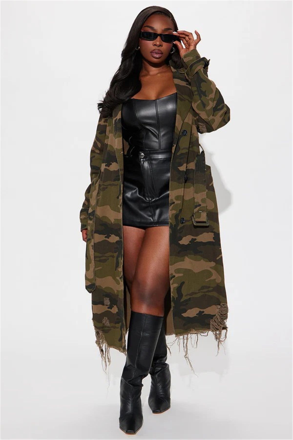 S391323 Cross-Border European and American Independent Station Aliexpress European and American Clothing Ripped Personalized Camouflage Long Windbreaker