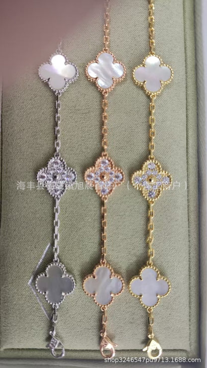 High Version V Gold Four-Leaf Clover Five-Flower Bracelet Cnc Women's Red Agate Purple Chalcedony White Mother-Of-Pearl Plated V Gold V Fashionable and Beautiful