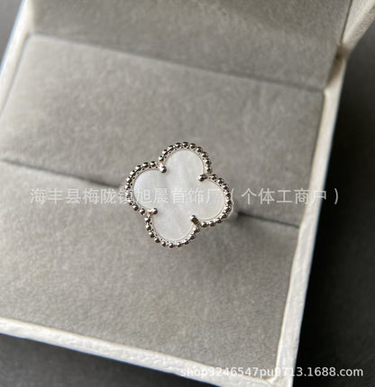Fanjia Ins High-Version Four-Leaf Clover with Diamond Christmas Lucky Four-Leaf Clover Ring White Fritillary Peacock Green Manufacturers Send on Behalf.