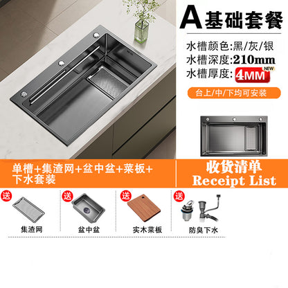 Kitchen Sink with 4mm Thickened Residue Collection Basin, Large Single Sink, Household Stainless Steel Under-Counter Basin, Dishwashing Sink, Vegetable Washing Pool