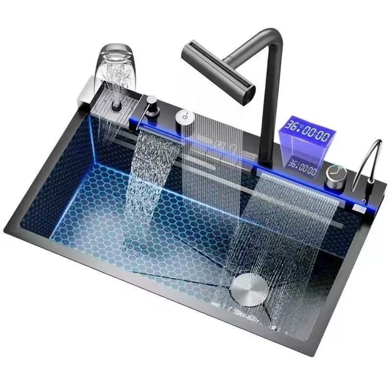 Kitchen Sink Thickened Vegetable Washing Basin Piano Honeycomb Dragon Fish Kitchen Single-Slot Digital Display Waterfall Rain Stainless Steel Sink