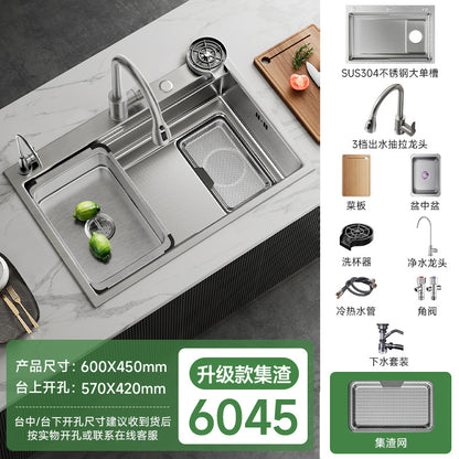 Kitchen Sink with Residue Collection, Small Grain Design, 304 Stainless Steel, Thickened Large Single Bowl, Embossed, Household Vegetable Washing Basin, Under-Counter or Above-Counter