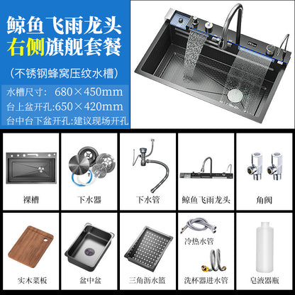 304 Stainless Steel Raindance Waterfall Sink Kitchen Multi-Functional Sink Household Digital Display Honeycomb Embossed Large Single Tank