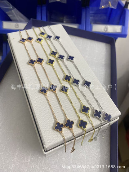 Vanjia Ten Flowers Four-Leaf Clover Necklace for Women, Twenty Flowers Plated with 18K Gold, Black Onyx, Purple Chalcedony, Laser Light Luxury High-End