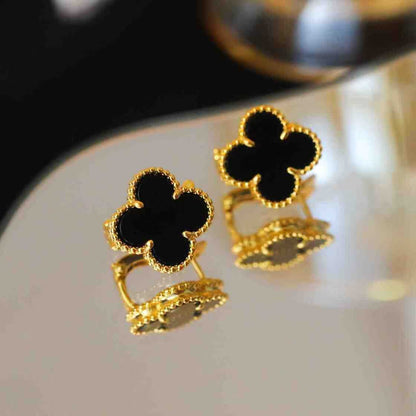 New V Gold High Version Four-Leaf Clover Earrings Thick Plated 18K Real Gold Clover White Mother-Of-Pearl Natural Carnelian Earrings