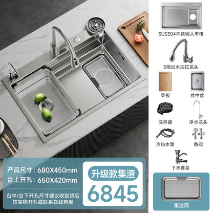 Kitchen Sink with Residue Collection, Small Grain Design, 304 Stainless Steel, Thickened Large Single Bowl, Embossed, Household Vegetable Washing Basin, Under-Counter or Above-Counter