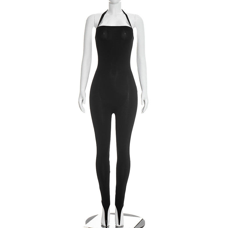 J25jp486 European and American Style Cross-Border Women's Clothing Spring and Summer Halter Strap Backless Solid Color Elastic Sheath Slip-on Jumpsuit