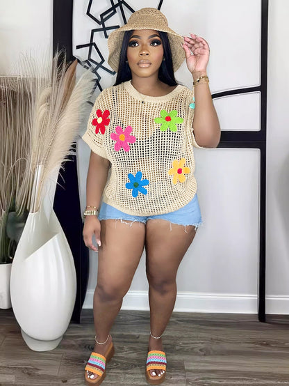 S391189 Cross-Border Wholesale Women's Clothing Hollow-Out Knitwear with Colorful Floral Appliques, Round Neck, Short-Sleeve Cover-Up, Vacation Style