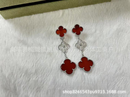 2024 New Four-Leaf Clover Three-Flower Plated 18K Gold Black Agate Red Chalcedony Long Earrings for Women Ins Earrings Anti-Over