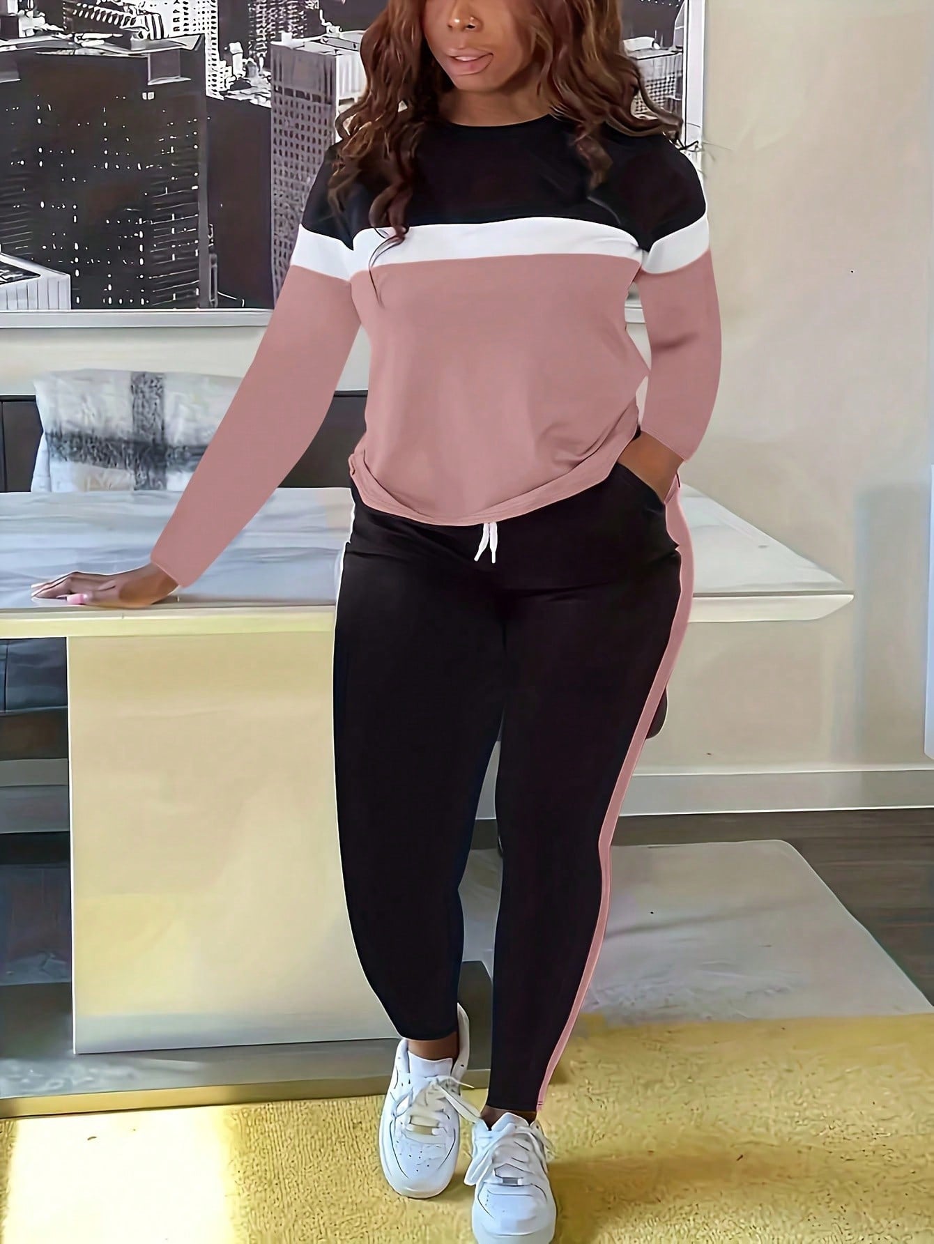 S390843 Striped Patchwork Long-Sleeved Pants Suit Women's Cross-Border New Fashion Women's Independent Station Casual Long-Sleeved