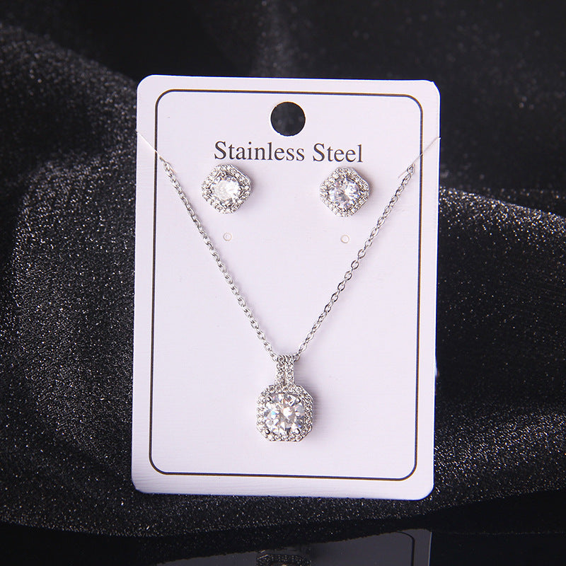Set of Zircon Cross-Border Aliexpress Crystal Square Diamond Full Diamond Perfume Bottle Necklace Women's Jewelry Earrings Hot Selling Earrings