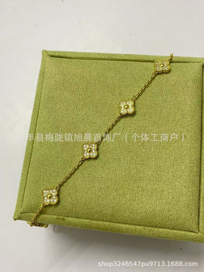 High Version Fanjia Four-Leaf Clover 6 Small Flower Bracelet Cnc Precision Natural Carnelian Lucky Bracelet V Gold Plated 18K Gold