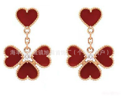 Fashion Niche Heart Red Agate 18K Gold Earrings Heart Vanjia Earrings Single Flower Heart Earrings