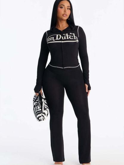 European and American New Ins Foreign Trade Solid Color Letter Printing Stretch Sports Style Zipper Hooded Jacket Trousers Suit for Women