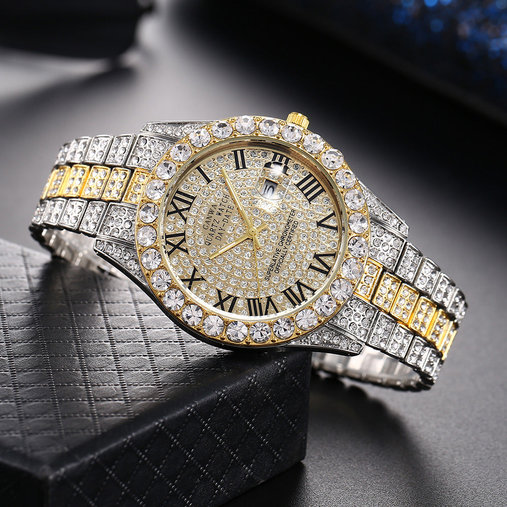 Internet Celebrity Watch Men's High-End Full Diamond Cross-Border Steel Band Fashion Rhinestone Calendar Quartz Watch Starry Men's Watch