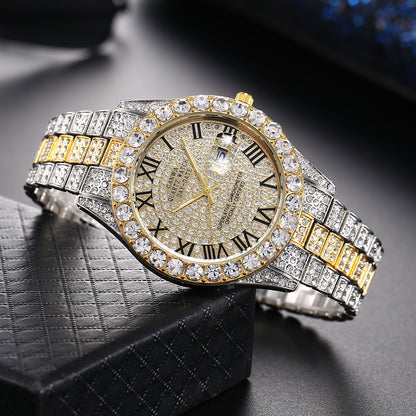 Internet Celebrity Watch Men's High-End Full Diamond Cross-Border Steel Band Fashion Rhinestone Calendar Quartz Watch Starry Men's Watch