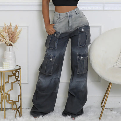 S391357 Cross-Border Women's Clothing Supply Spring and Summer New Women's Fashion Casual Multi-Pocket Gradient Denim Wide-Leg Pants