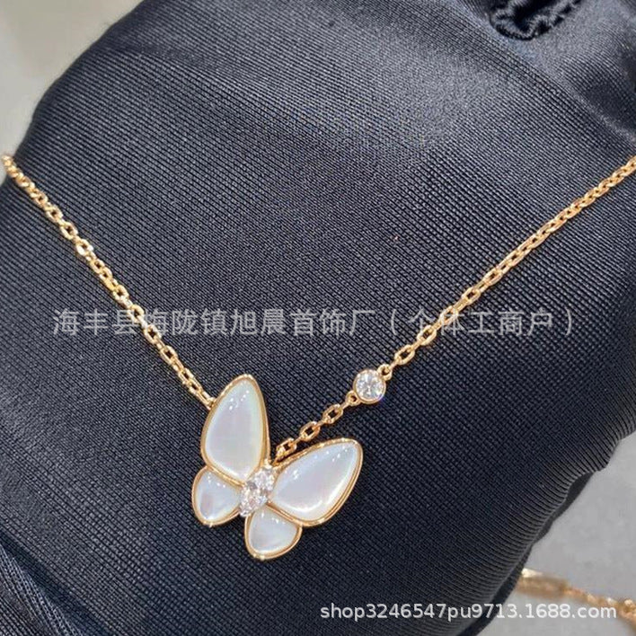 White Fritillaria Butterfly Necklace Women's Alloy Plated 18K Rose Gold Light Luxury Niche Full Diamond Clavicle Chain Original Bracelet