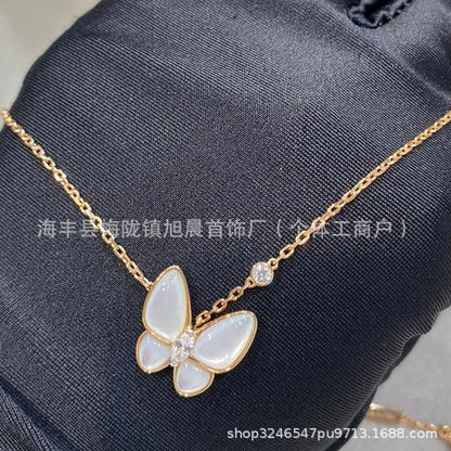 White Fritillaria Butterfly Necklace Women's Alloy Plated 18K Rose Gold Light Luxury Niche Full Diamond Clavicle Chain Original Bracelet