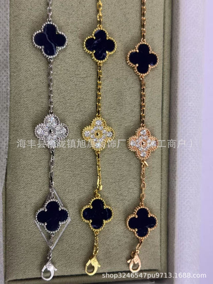 High Version V Gold Four-Leaf Clover Five-Flower Bracelet Cnc Women's Red Agate Purple Chalcedony White Mother-Of-Pearl Plated V Gold V Fashionable and Beautiful