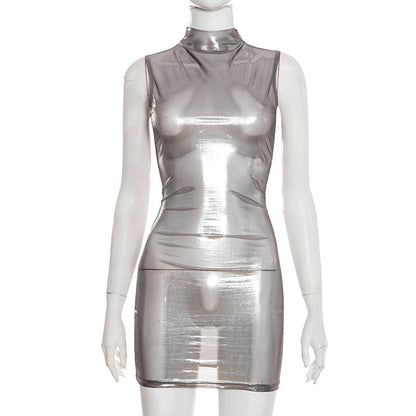 Q25ds454 European and American Cross-Border Women's Clothing Spring and Summer Half Turtleneck Slim-Fit Pullover Sleeveless Sheath See-through Three-Quarter Dress