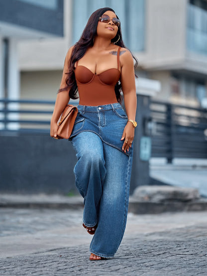 S391550 Cross-Border Women's Clothing American Retro Fake Two-Piece Wide-Leg Jeans Women's High Waist Slimming Meat-Covering Culottes