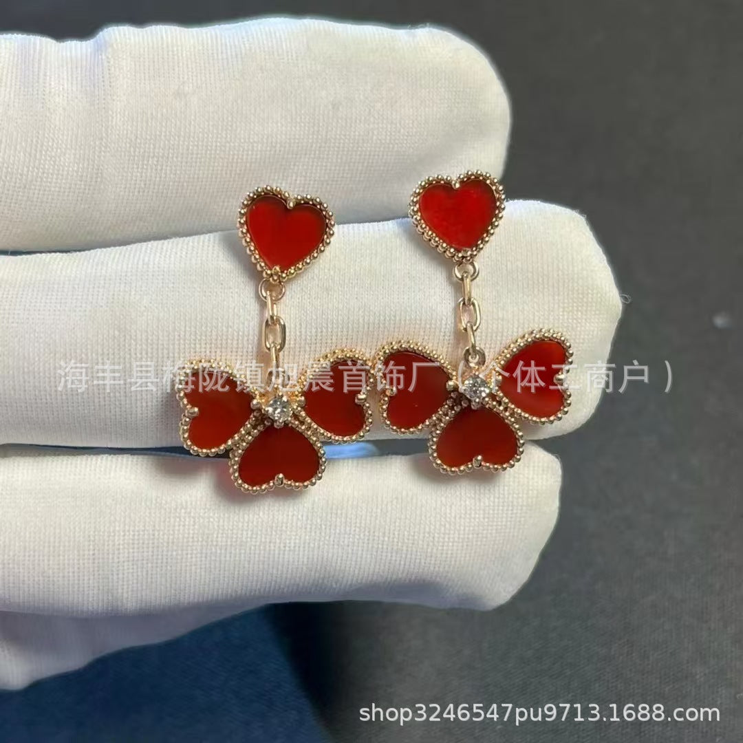 Cross-Border Red Agate Love Four-Leaf Flower Earrings Simple High-End Temperament Versatile Earrings for Women