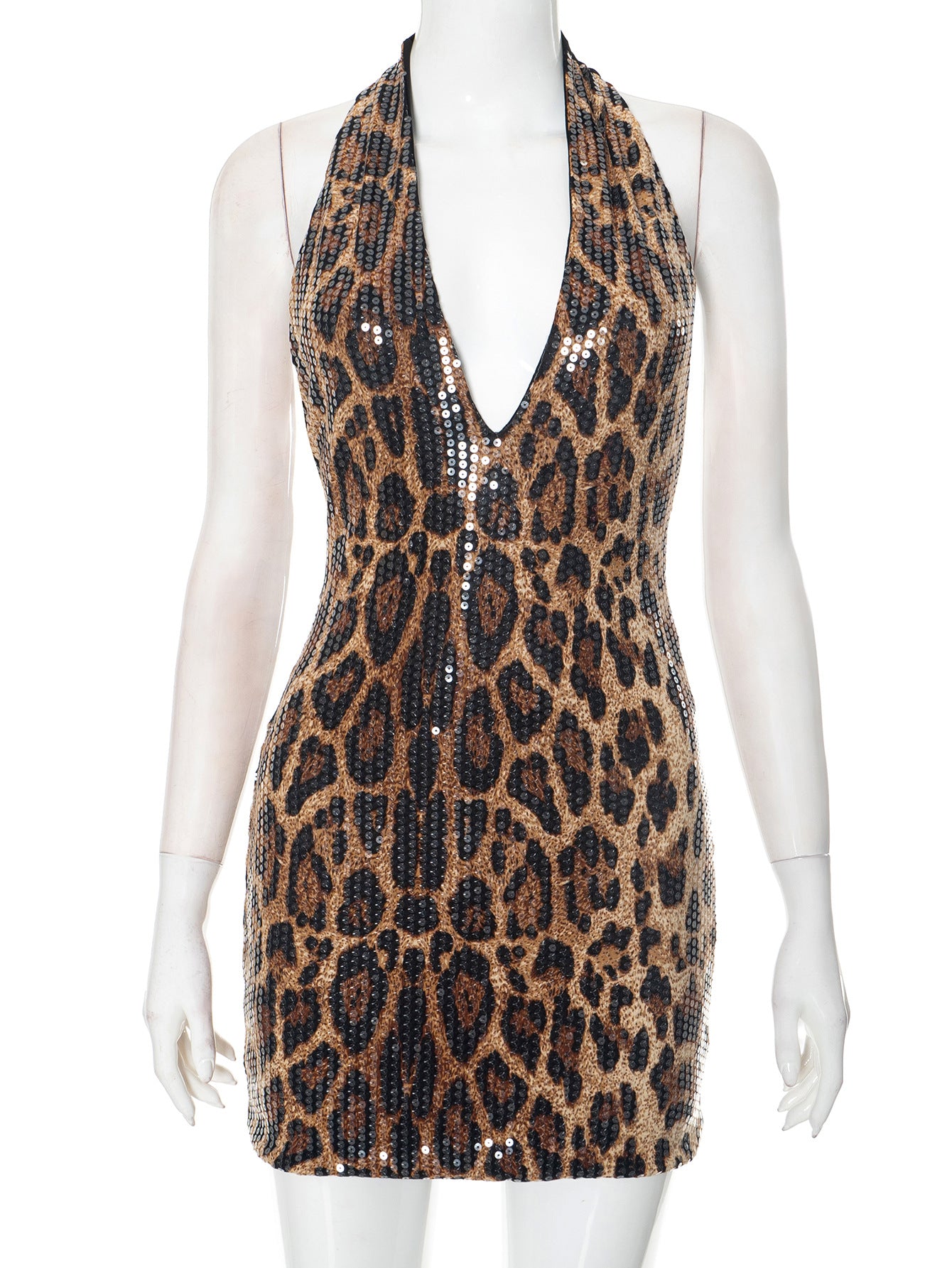 G25DS047 European and American Style Cross-border Women's Clothing Spring and Summer Sexy Deep V Hot Girl Style Wild Wild Leopard Print Backless dress Women