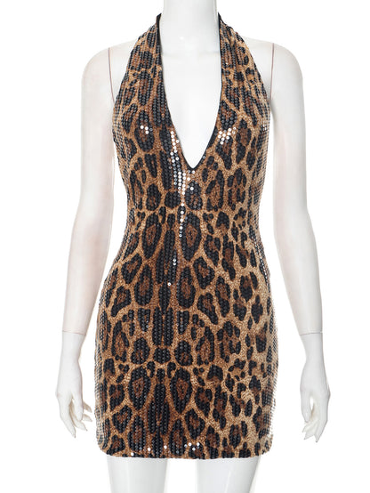 G25DS047 European and American Style Cross-border Women's Clothing Spring and Summer Sexy Deep V Hot Girl Style Wild Wild Leopard Print Backless dress Women