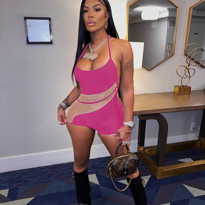 Y22RP142 European and American Fashion Women's 2022 Spring New Tether Hanging Neck Tight Slim Mesh One-piece Shorts